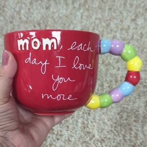 Beautiful Red Ceramic Mom I Love You Mug with Multicolor Beaded Handle